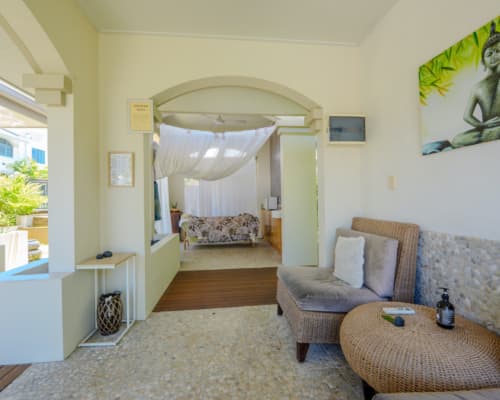Day bed and waiting area at the onsite Day Spa of Mango Lagoon Resort, Palm Cove Cairns
