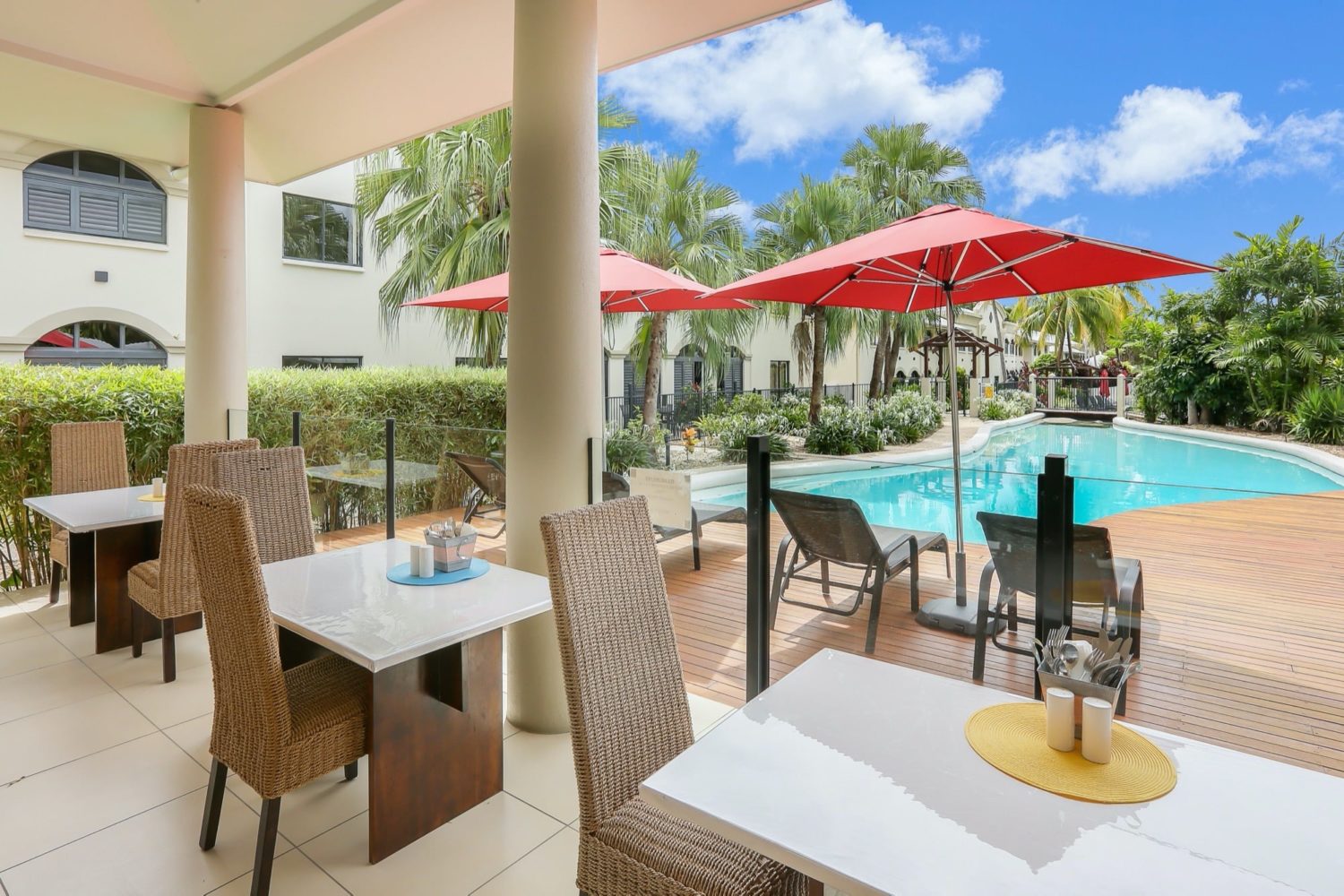 Mango Lagoon Resort Palm Cove, views from cafe over one of 4 onsite swimming pools